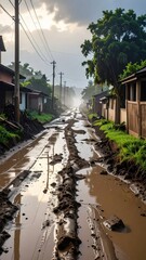 Muddy Road Between Houses After Heavy Rain in Tropical Environment