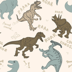 Dino Seamless Pattern, Cute Cartoon Dinosaurs Doodles Illustration