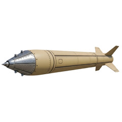 A detailed 3d render of a military missile with fins and a pointed nose, isolated on a transparent background