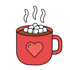Red mug filled with hot cocoa and marshmallows in flat cute style. Ideal for cozy Christmas, winter holiday, and festive season design projects.