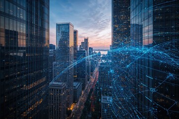AI interface depicted on tall buildings, highlighting neural networks and machine learning concepts.