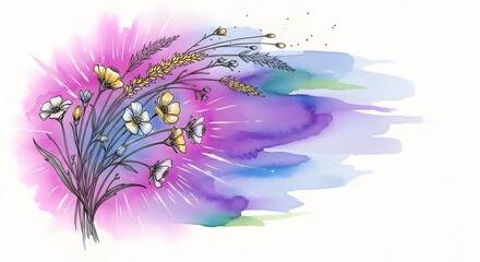 Line art wildflowers and wheat on a dramatic horizontal purple and blue watercolor wash with radiating light. Abstract botanical energy. Sketch of flowers on an expressive, vibrant artistic background