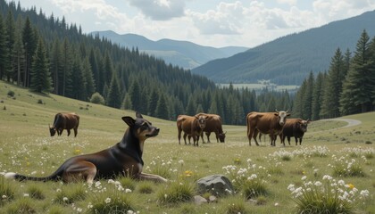 Naklejka premium Dog Shepherd Lazing Next to Grazing Cattle in a Calm Mountain Meadow Encircled by Hills and Pine Trees