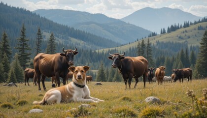 Naklejka premium Dog Shepherd Resting Beside Grazing Cattle in Serene Mountain Meadow Surrounded by Pine Trees and Hills