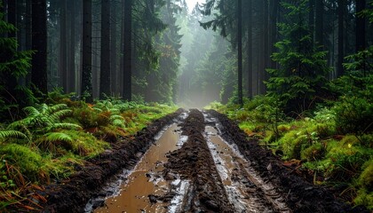 Fototapeta premium Muddy Trail Through Misty Forest Surrounded by Lush Greenery