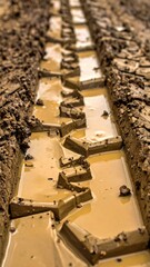 Muddy Tire Track in Wet Earth with Water Puddle Close-Up