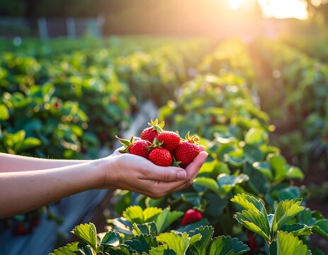 Freshly picked strawberries held in hands - Powered by Adobe