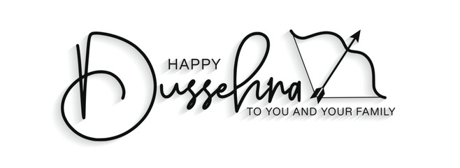 Happy Dussehra Typography with Bow and Arrow Symbol. Hand drawn modern vector calligraphy. Indian Festival Vijayadashami Holiday greeting card and Social Media Cover