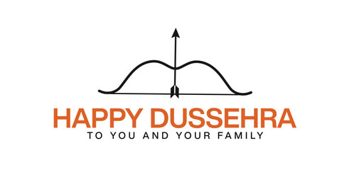 Happy Dussehra Greeting with Bow and Arrow Symbol on White Background. Vijayadashami Indian Festival Celebration Greeting Card Banner Template. Vector Illustration