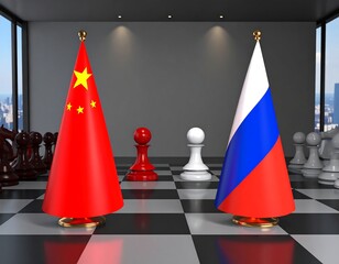 Flags of China and Russia on a chessboard