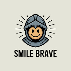 Courageous smiley face knight emblem with inspiring smile brave text bold graphic design vector