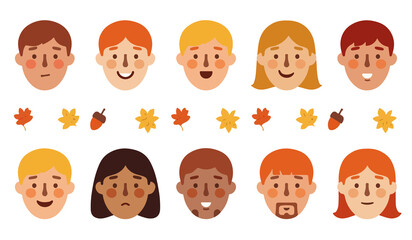 autumn-themed facial expressions in a simple flat design style, featuring vibrant autumn colors with png Transparent 