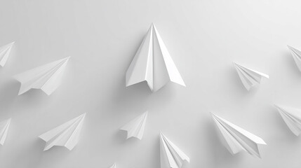 Fototapeta premium One paper plane flying upwards among flat white planes, symbol of innovation and breakthrough.