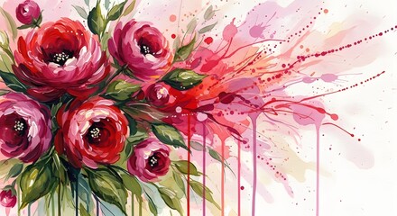 Expressive watercolor bouquet of rich red and pink roses with dramatic paint splashes and drips. Passionate romance and artistic texture. Lush flowers painted with energetic strokes