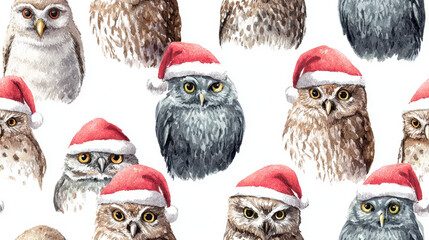 Owls in santa hats seamless pattern in watercolor style with festive holiday theme and cute bird characters