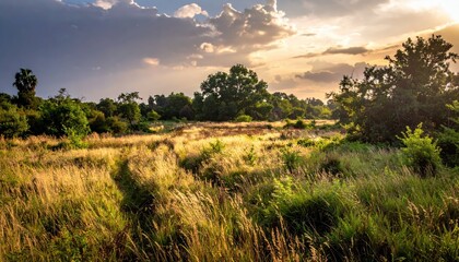 Obraz premium Serene Sunset Over Lush Green Field with Dramatic Cloud Formation