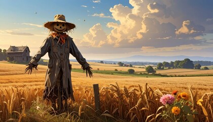 Fototapeta premium Scarecrow in Golden Wheat Field Under Dramatic Sky at Sunset