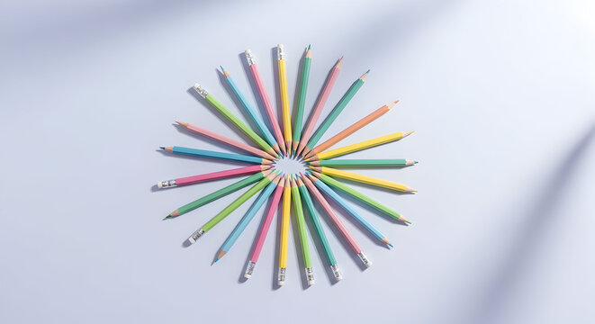 Vibrant pastel colored pencils arranged in a sunburst pattern, evoking creativity, education, and artistic inspiration for your next project.