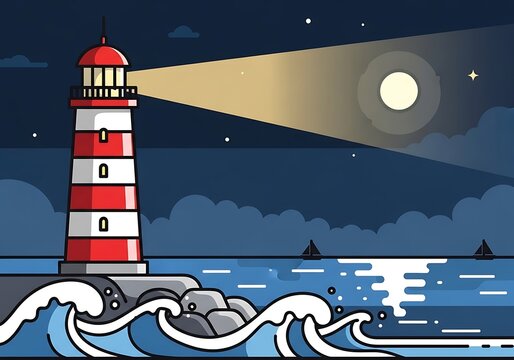 Striking illuminated lighthouse scene under a serene night time sky