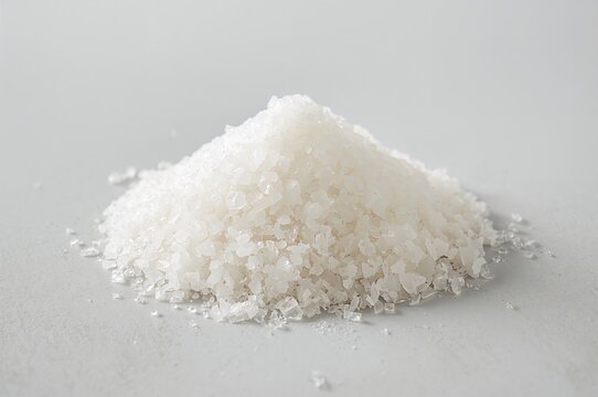 Close-up shot of pyramid-shaped salt crystals with a clear, flaky texture on a minimalist backdrop, emphasizing its distinctive form and high-grade quality