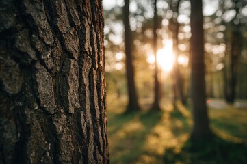 Fototapeta premium Detailed view of tree bark texture with soft-focused forest backdrop on a bright day