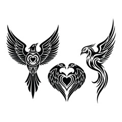 Fototapeta premium Tribal style phoenix and love birds tattoo designs collection artistic graphic art silhouette