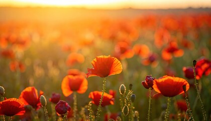 Obraz premium Vibrant Red Poppies in a Golden Sunset Field of Blooming Flowers