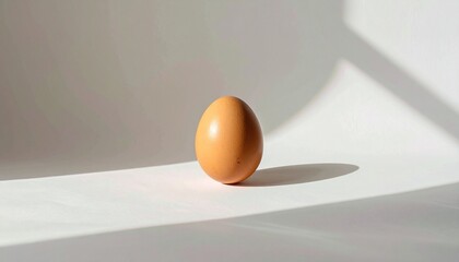 Single brown egg standing upright on flat white surface