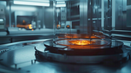 Futuristic laboratory interior featuring a glass containment unit with warm orange glow