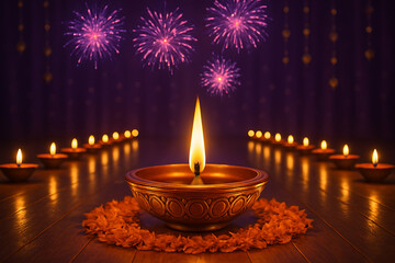 Decorated brass oil lamp diya surrounded by marigold flowers and a line of burning diyas under festive purple fireworks happy diwali and happy dipaboli