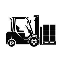 Black Silhouette of a Forklift Truck Lifting Pallet of Boxes on White Background Keywords: forklift