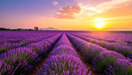 Obraz premium Breathtaking Lavender Field at Sunset with Vibrant Purple Blooms