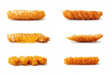 Crispy battered fish, cheese, or chicken skewers on a plain white backdrop