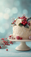 winter holiday cake with white icing, fondant roses and berries on cream stand against soft blue bokeh background in elegant festive composition