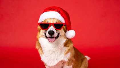 Cute corgi dog in Santa hat and pixelated sunglasses on red background