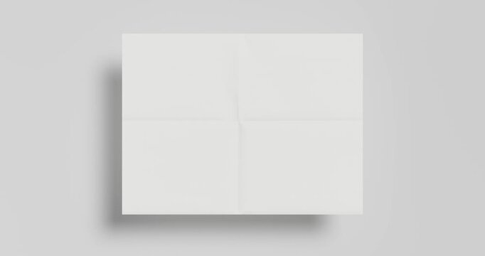 4k Resolution Video: Paper Mockup Concept. Blank White Paper Sheet Unfolds Against Neutral Gray Background