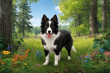 Adorable monochrome border collie amidst woodland
