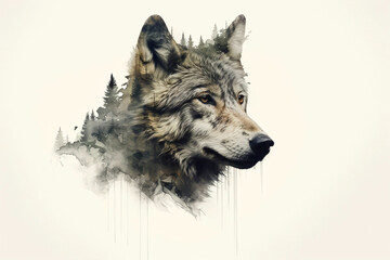 Wolf in the woods. Wild wolf and forest, double exposure