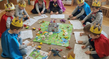 Young children dressed as kings and queens engage in imaginative play with a castle and toys