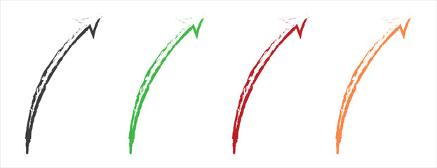 Set of hand-drawn distressed upward arrows in a grunge texture style, growth and progress concept