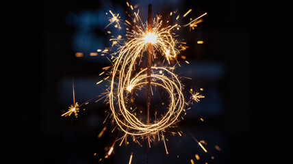 Sparkling number six on a black background, creating a festive and magical atmosphere with glowing light 