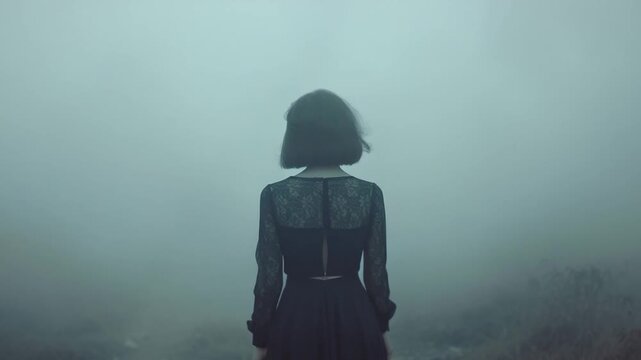 A woman stands alone in thick fog wearing a black dress, ideal for use as a mysterious or atmospheric background image