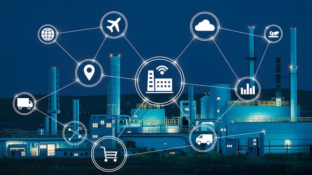 Smart factory operations connect globally with digital network icons symbolizing industry 4.0 innovation and efficiency.