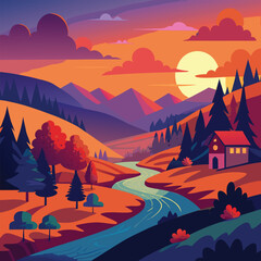 Scenic Alpine Waterway Vector With Cascading Step-Like Waterfalls, Crystal Clear Lake, Rugged Rocky Banks, Towering Evergreen Trees, And Sharp Snowy Peaks In The Distance