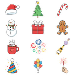 Adorable set of 12 cute winter holiday icons featuring Christmas and New Year designs. Includes Santa hat, tree, snowman, gifts, fireworks, party decor, and festive elements