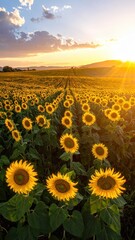 Obraz premium Stunning Sunrise Over Vibrant Sunflower Field in Rural Landscape