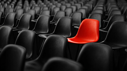 Obraz premium Single red chair among rows of black chairs, concept of leadership and decision-making.