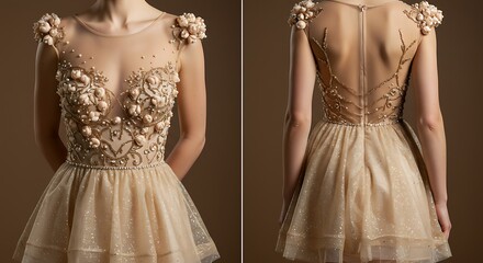 Elegant beige cocktail dress with intricate floral beadwork, pearls, and sheer illusion netting, displayed from front and back views on a mannequin for haute couture fashion.
