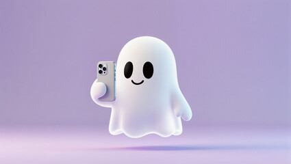 white ghost character, resembling an emoji or mascot. Ghost floating with a simple, friendly smiley face (black oval eyes and a small curved mouth). It is holding a modern smartphone.