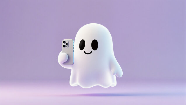 white ghost character, resembling an emoji or mascot. Ghost floating with a simple, friendly smiley face (black oval eyes and a small curved mouth). It is holding a modern smartphone.